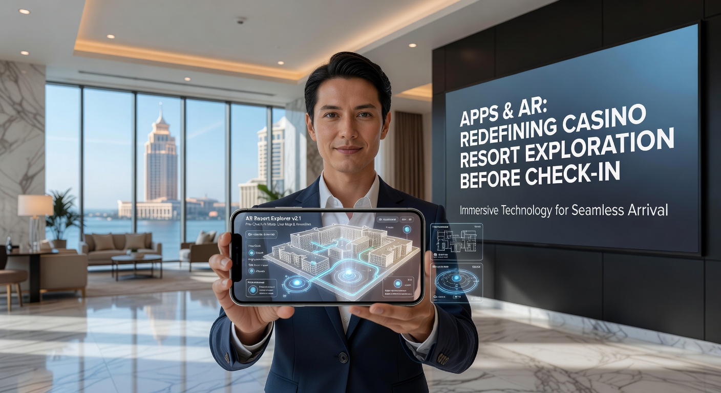 Smartphone mit AR-App zeigt virtuelles Casino-Resort-Modell in der realen Umgebung