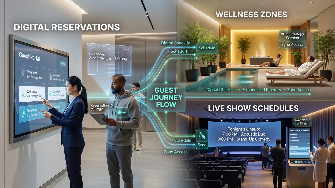 Interaktive Karte eines Wellnessbereichs mit verbundenen Show- und Reservierungsdatenpunkten