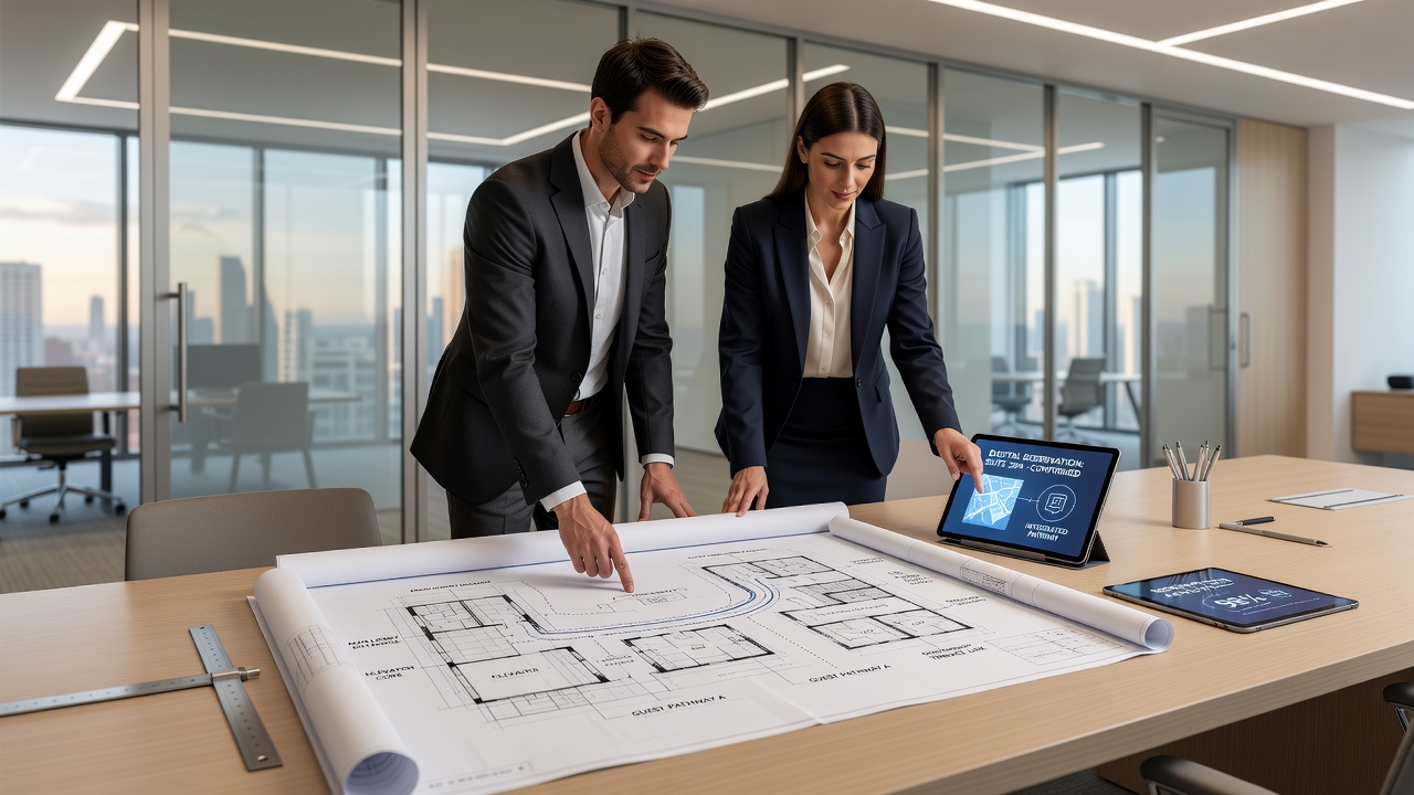 Detailed resort blueprint mapping guest routes from reservation interfaces to combined dining halls and performance venues