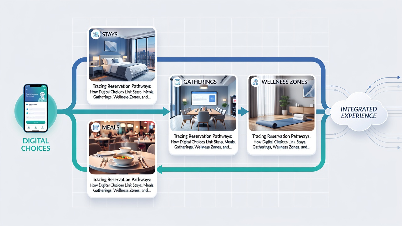 Interaktive Karte eines Casino-Resorts mit markierten Verbindungen zwischen Hotel, Restaurants, Spa und Showbühnen