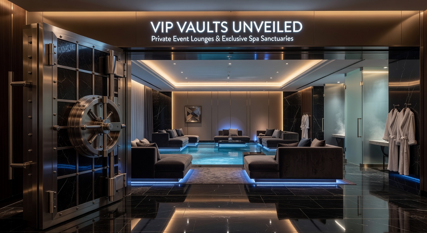 Ein luxuriöses privates Event-Lounge im Inneren eines Casino-Resorts mit gedimmtem Licht, Kristallleuchtern und exklusiven Sitzgelegenheiten